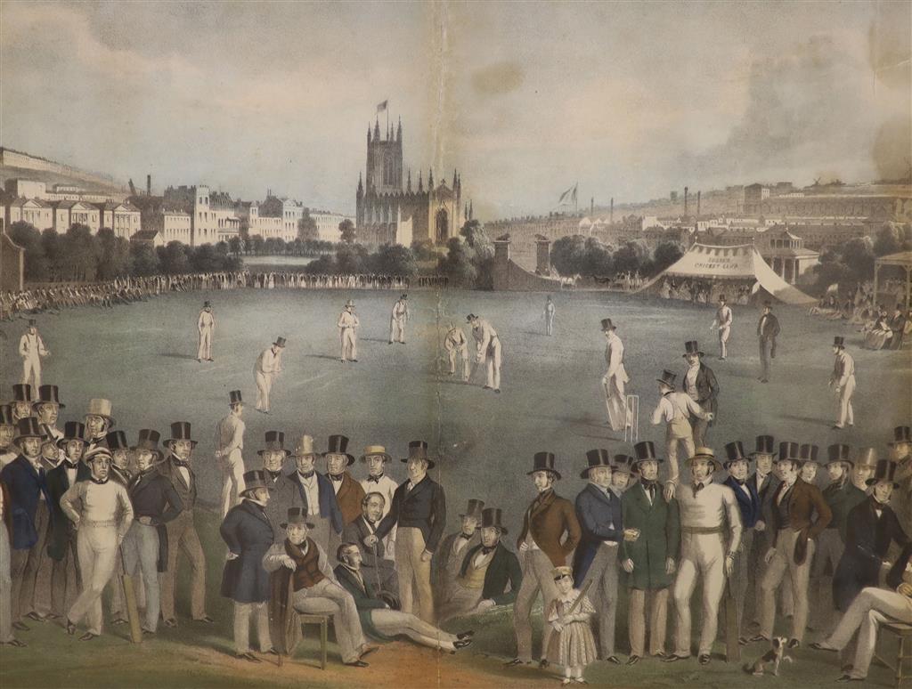 After William Drummond and Charles Jones Basebe, coloured lithograph, A Cricket Match between Sussex and Kent, 43 x 57cm, key verso